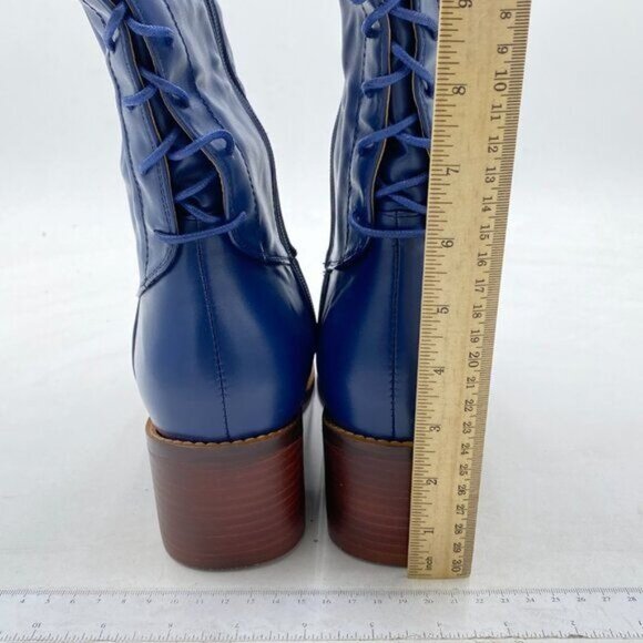 FSJ Royal Blue Retro Stacked Block Heels Lace-up Zipper Knee High Combat Boots - Picture 5 of 8